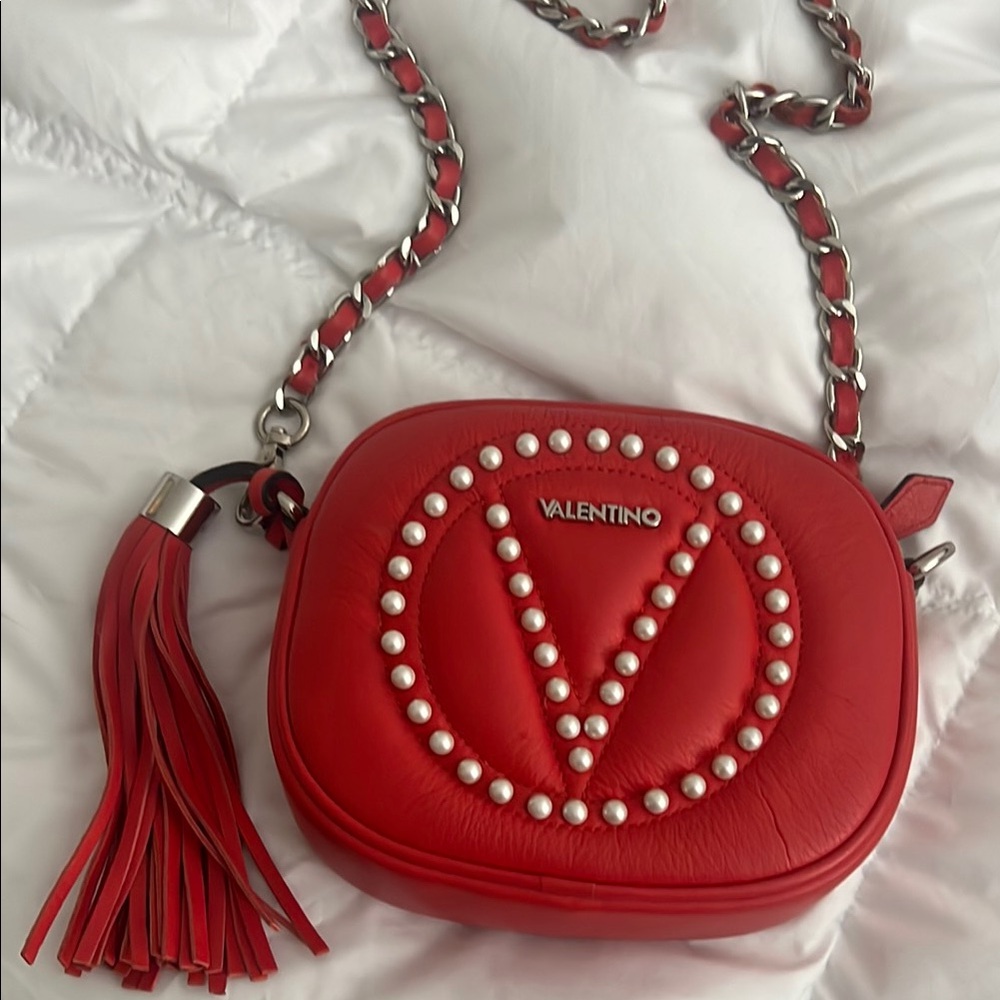 Valentino Red Pearl-Embellished Crossbody Bag